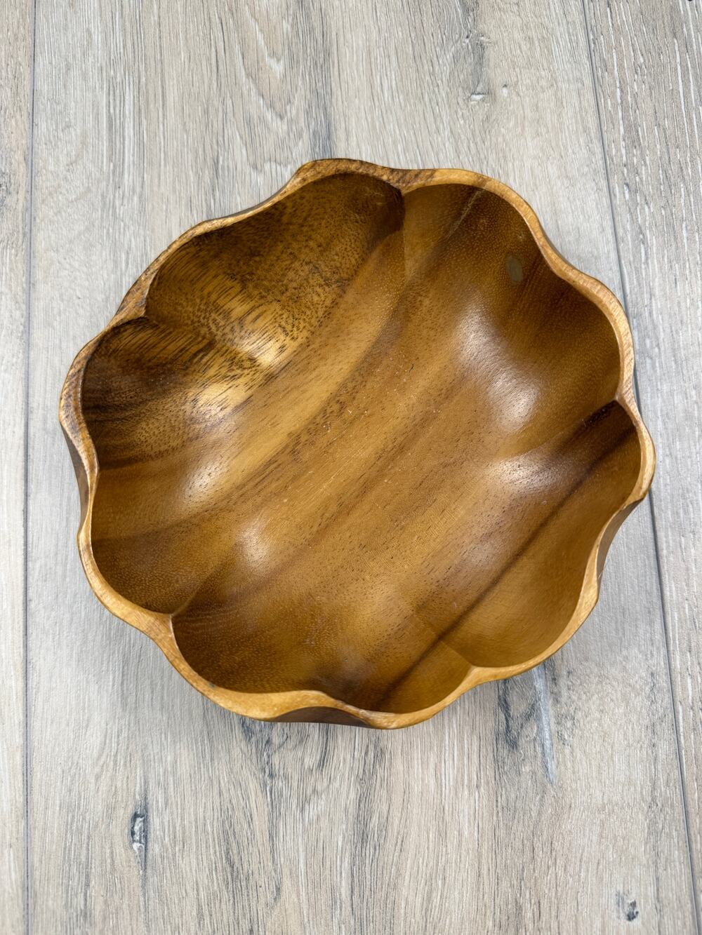 Vintage Monkey Pod Wood Bowl Scalloped Flower Shape Carved Philippines Decor